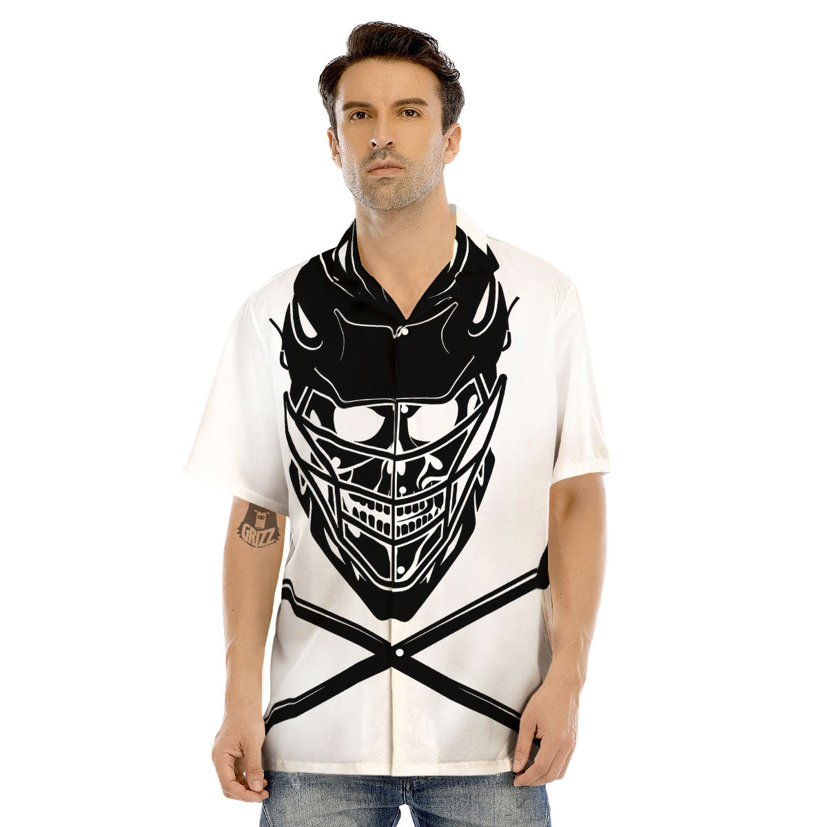 Skull Lacrosse Print Men's Hawaiian Shirt-grizzshop