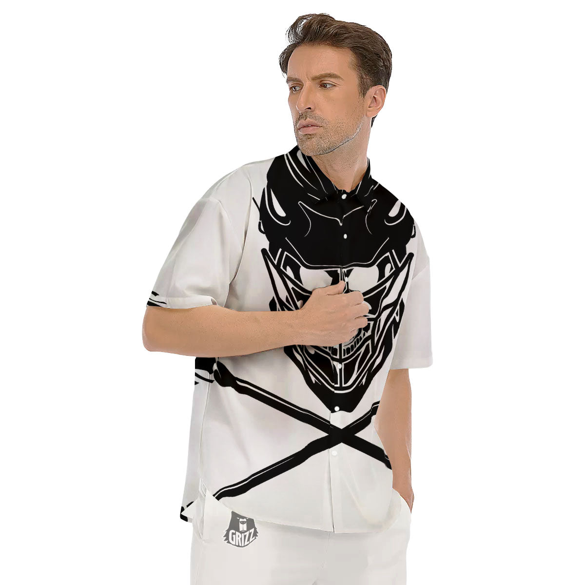 Skull Lacrosse Print Men's Short Sleeve Shirts-grizzshop