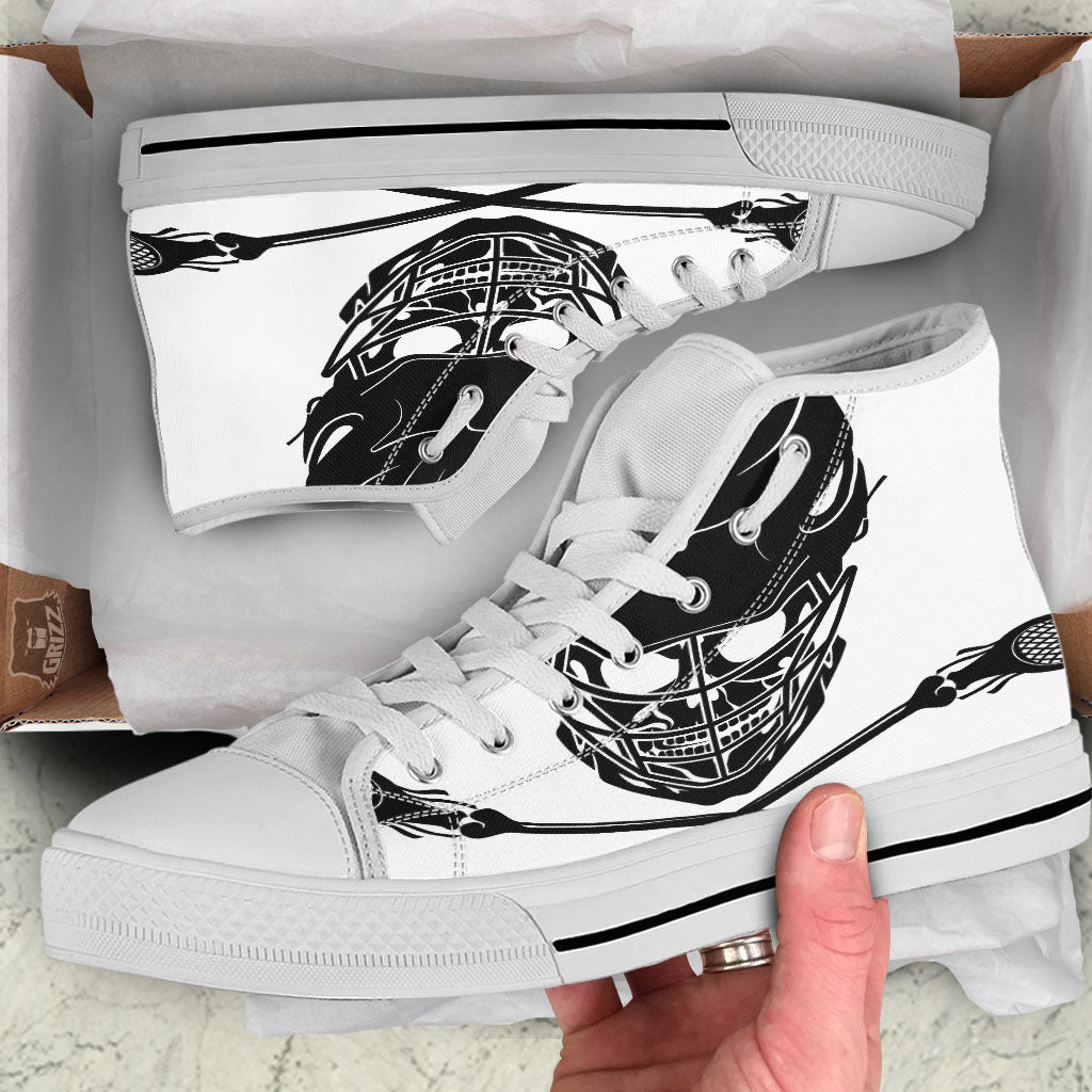 Skull Lacrosse Print White High Top Shoes-grizzshop