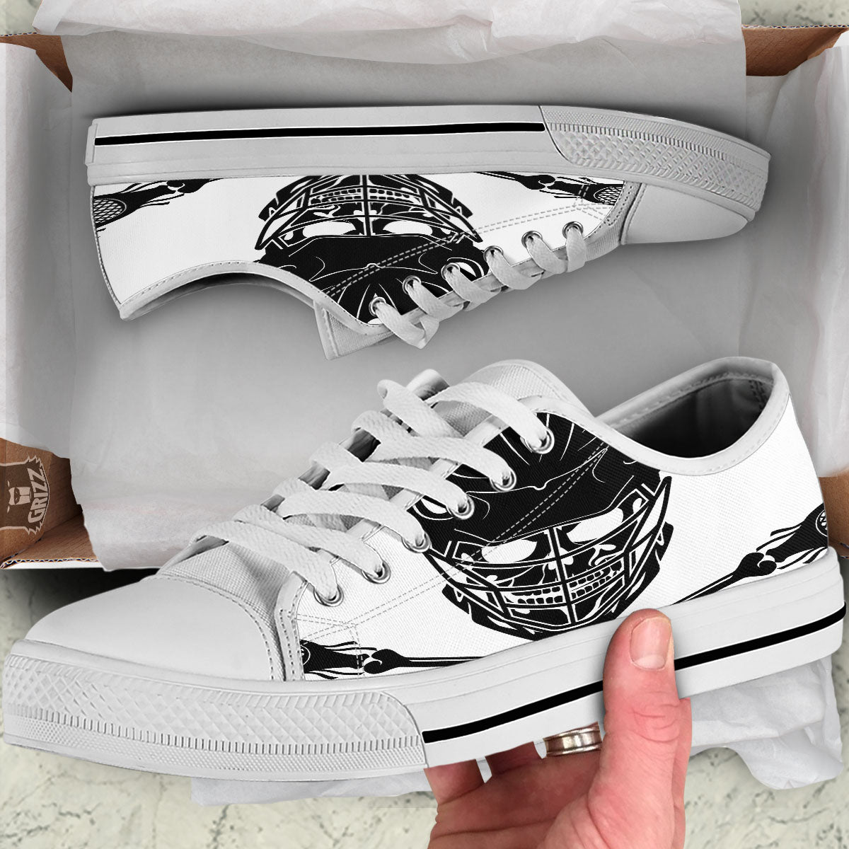 Skull Lacrosse Print White Low Top Shoes-grizzshop
