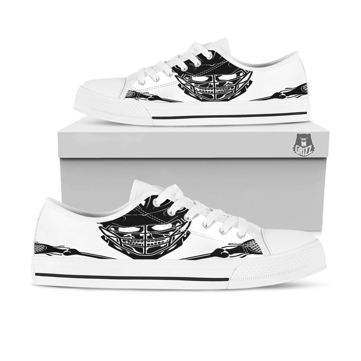 Skull Lacrosse Print White Low Top Shoes-grizzshop