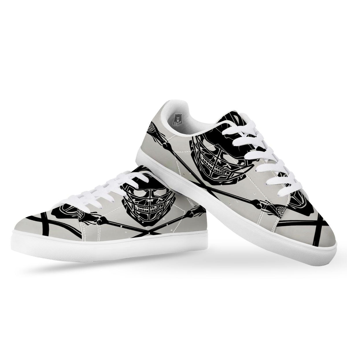 Skull Lacrosse Print White Low Top Sneakers-grizzshop