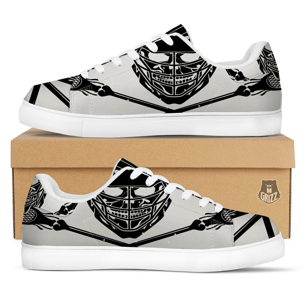 Skull Lacrosse Print White Low Top Sneakers-grizzshop