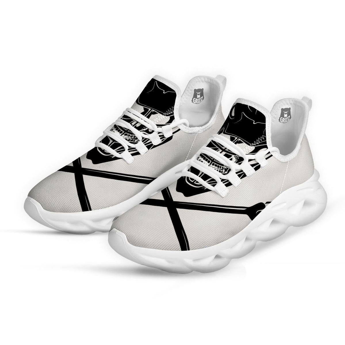 Skull Lacrosse Print White Running Shoes-grizzshop