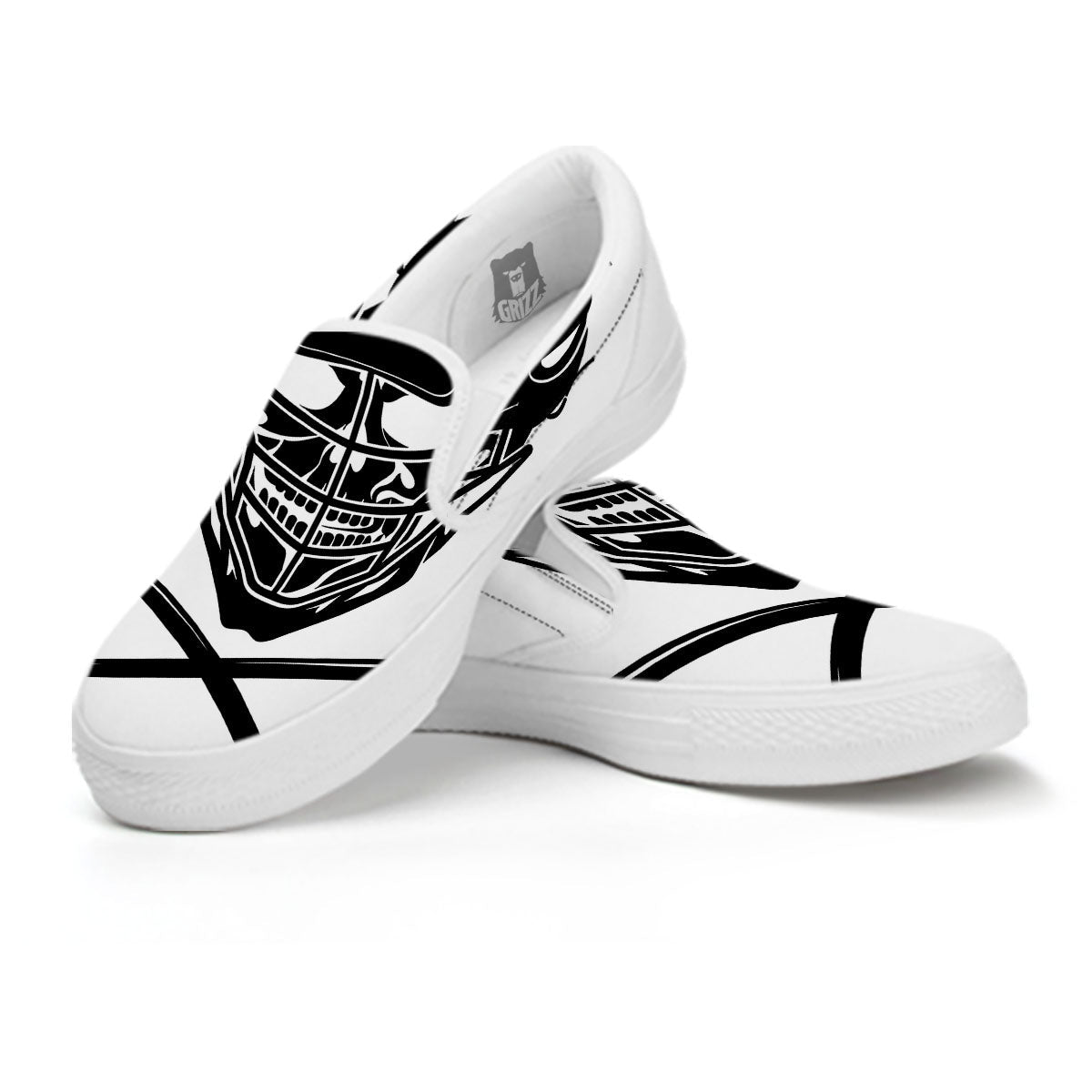 Skull Lacrosse Print White Slip On Shoes-grizzshop