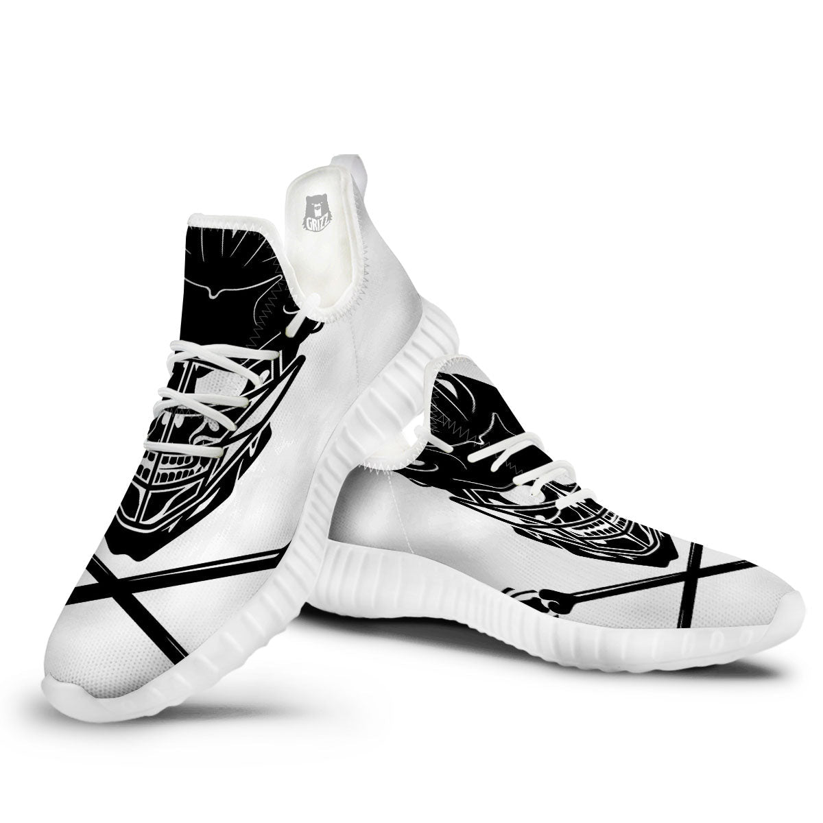 Skull Lacrosse Print White Walking Shoes-grizzshop