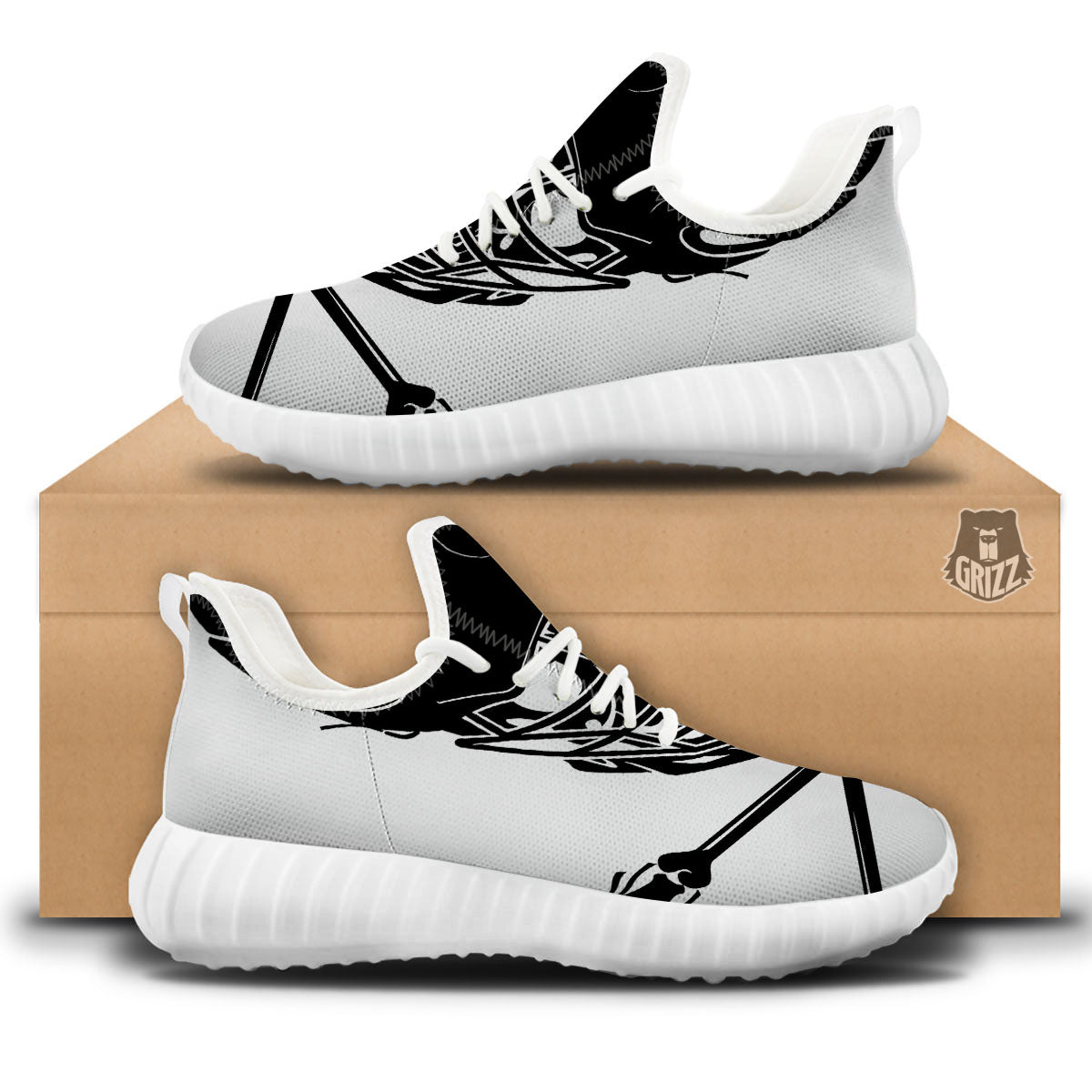 Skull Lacrosse Print White Walking Shoes-grizzshop