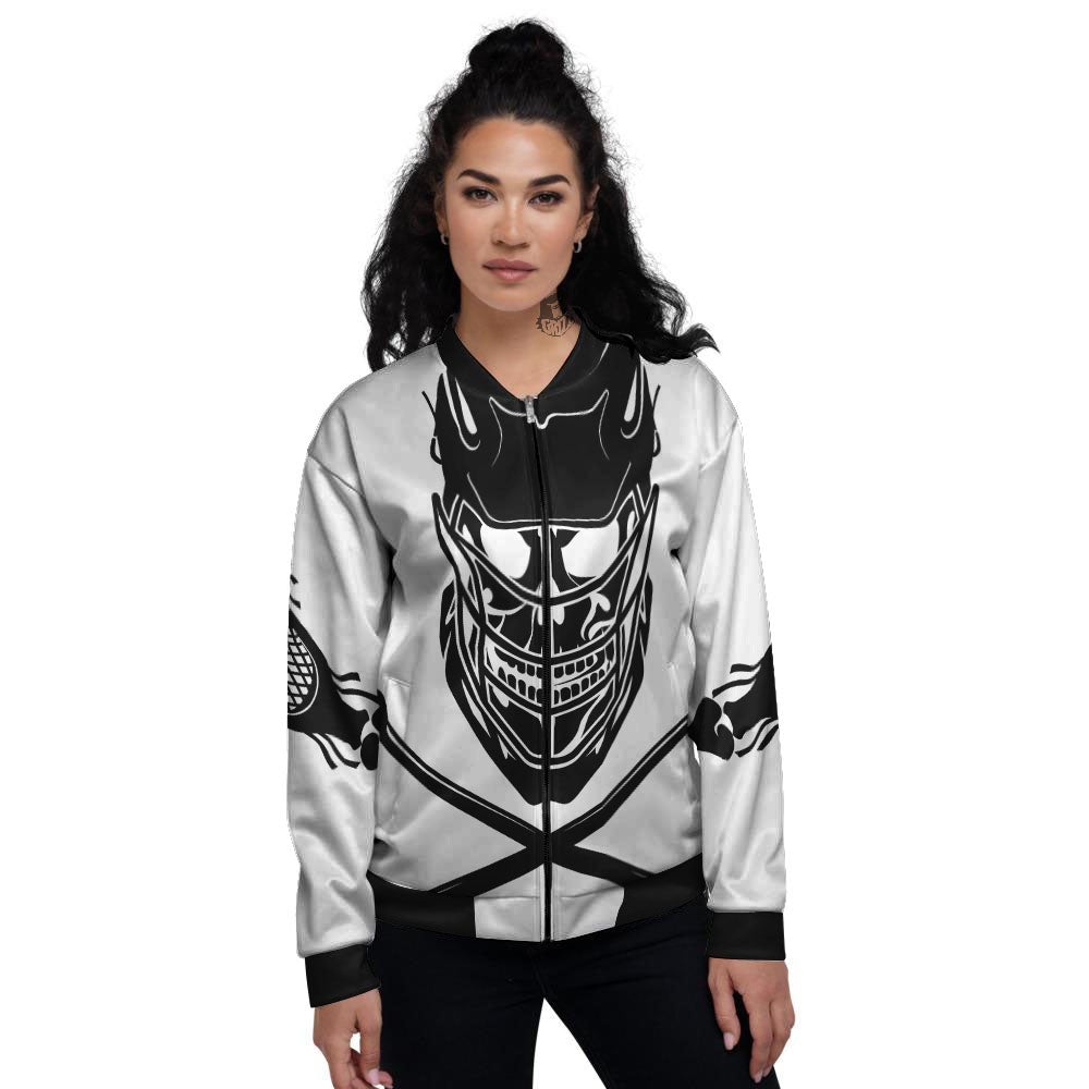 Skull Lacrosse Print Women's Bomber Jacket-grizzshop