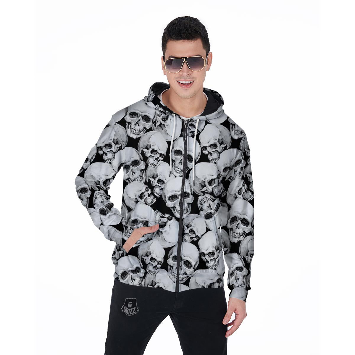 Skull Men's Zip Up Hoodie-grizzshop