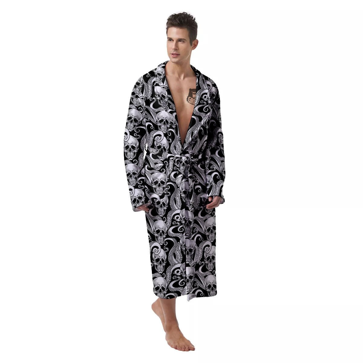 Skull Octopus Tentacles Print Pattern Men's Robe-grizzshop