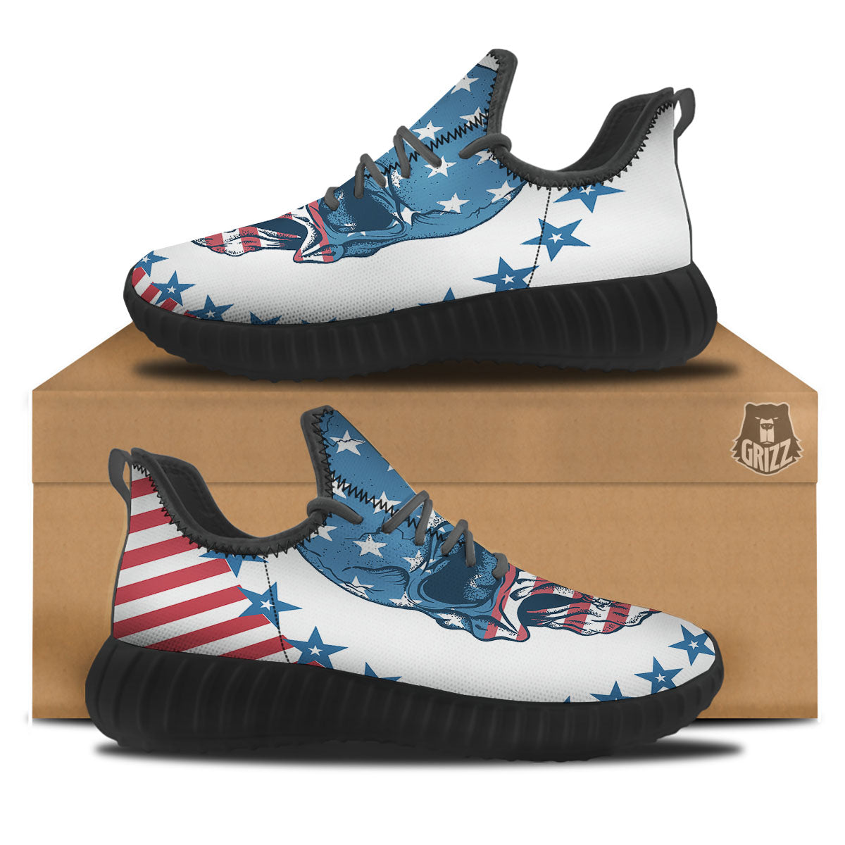 Skull Patriotic American Print Black Walking Shoes-grizzshop