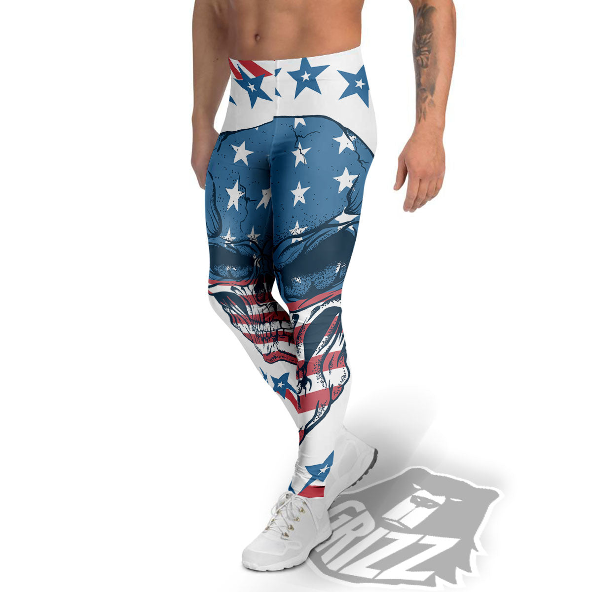 Skull Patriotic American Print Men's Leggings-grizzshop