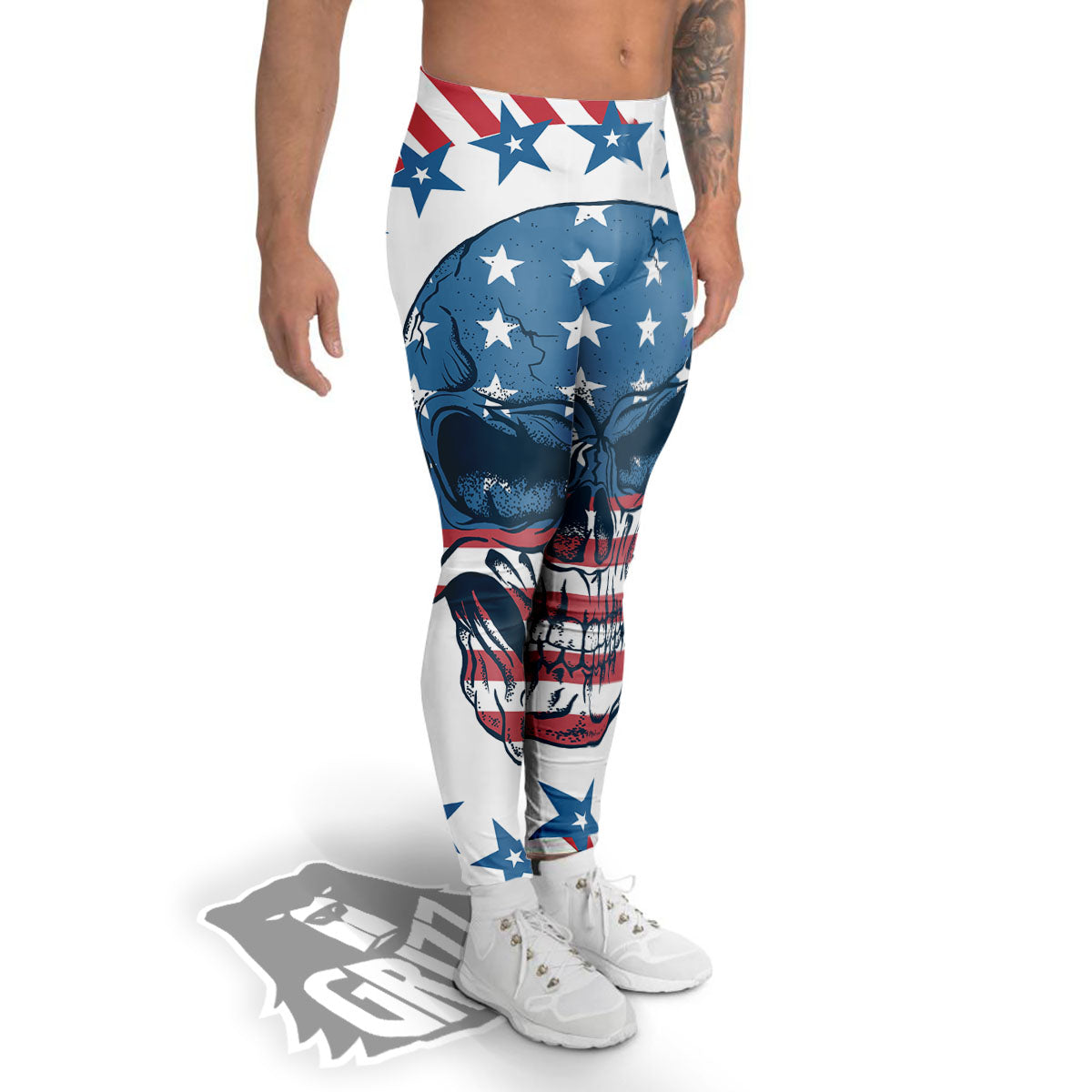Skull Patriotic American Print Men's Leggings-grizzshop