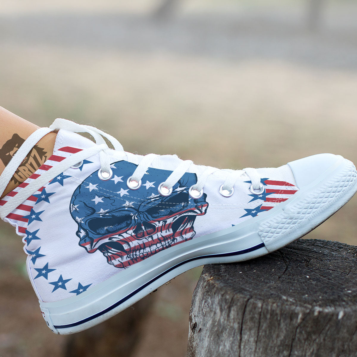 Skull Patriotic American Print White High Top Shoes-grizzshop