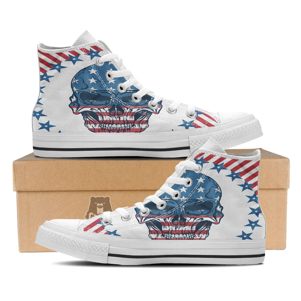 Skull Patriotic American Print White High Top Shoes-grizzshop