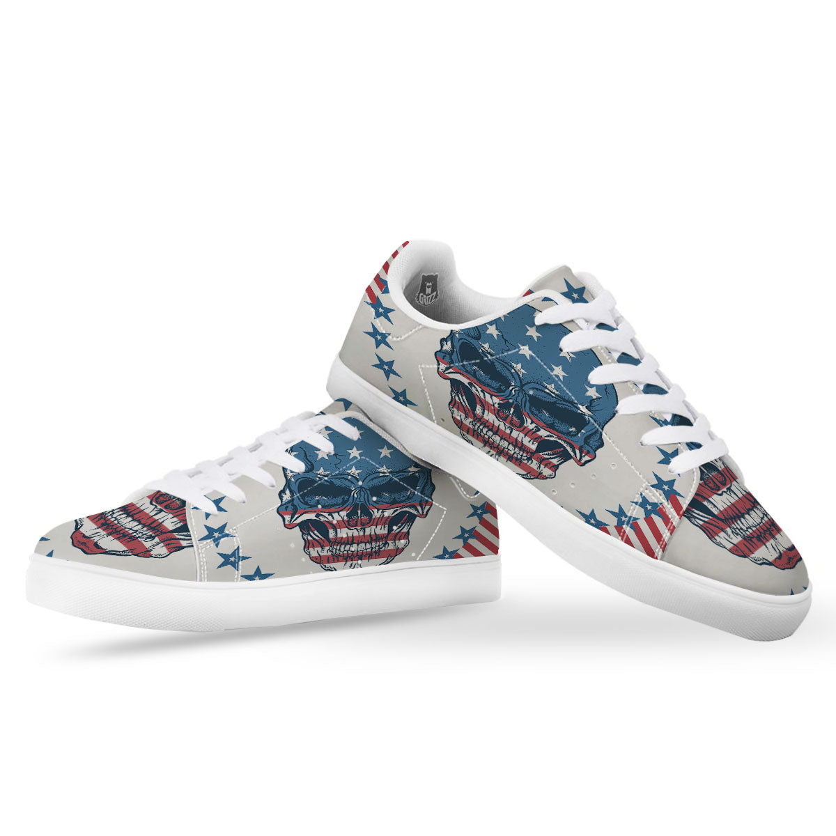 Skull Patriotic American Print White Low Top Sneakers-grizzshop