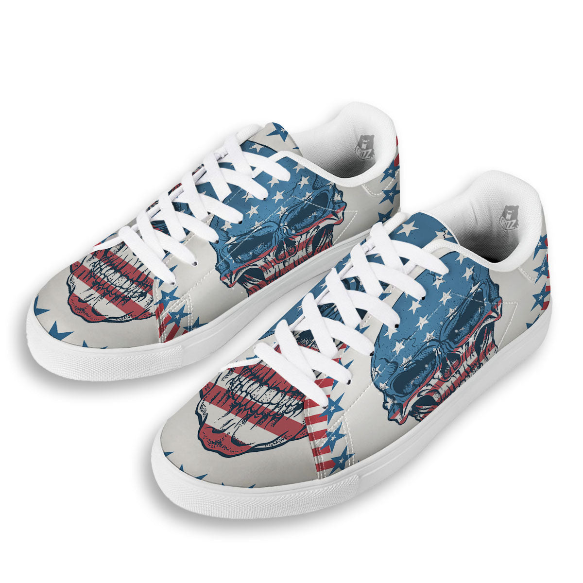 Skull Patriotic American Print White Low Top Sneakers-grizzshop