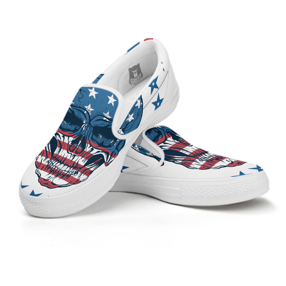 Skull Patriotic American Print White Slip On Shoes-grizzshop