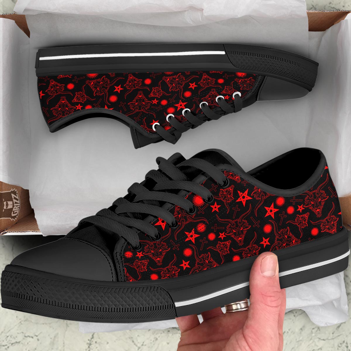 Skull Pentagram Satan Goat Print Pattern Black Low Top Shoes-grizzshop