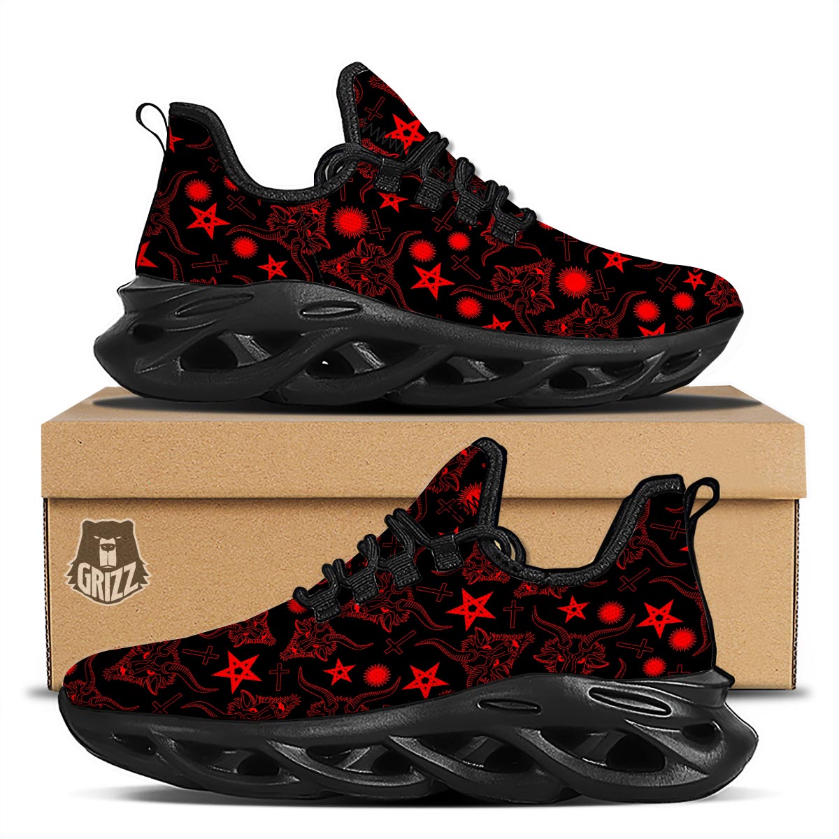 Skull Pentagram Satan Goat Print Pattern Black Running Shoes-grizzshop