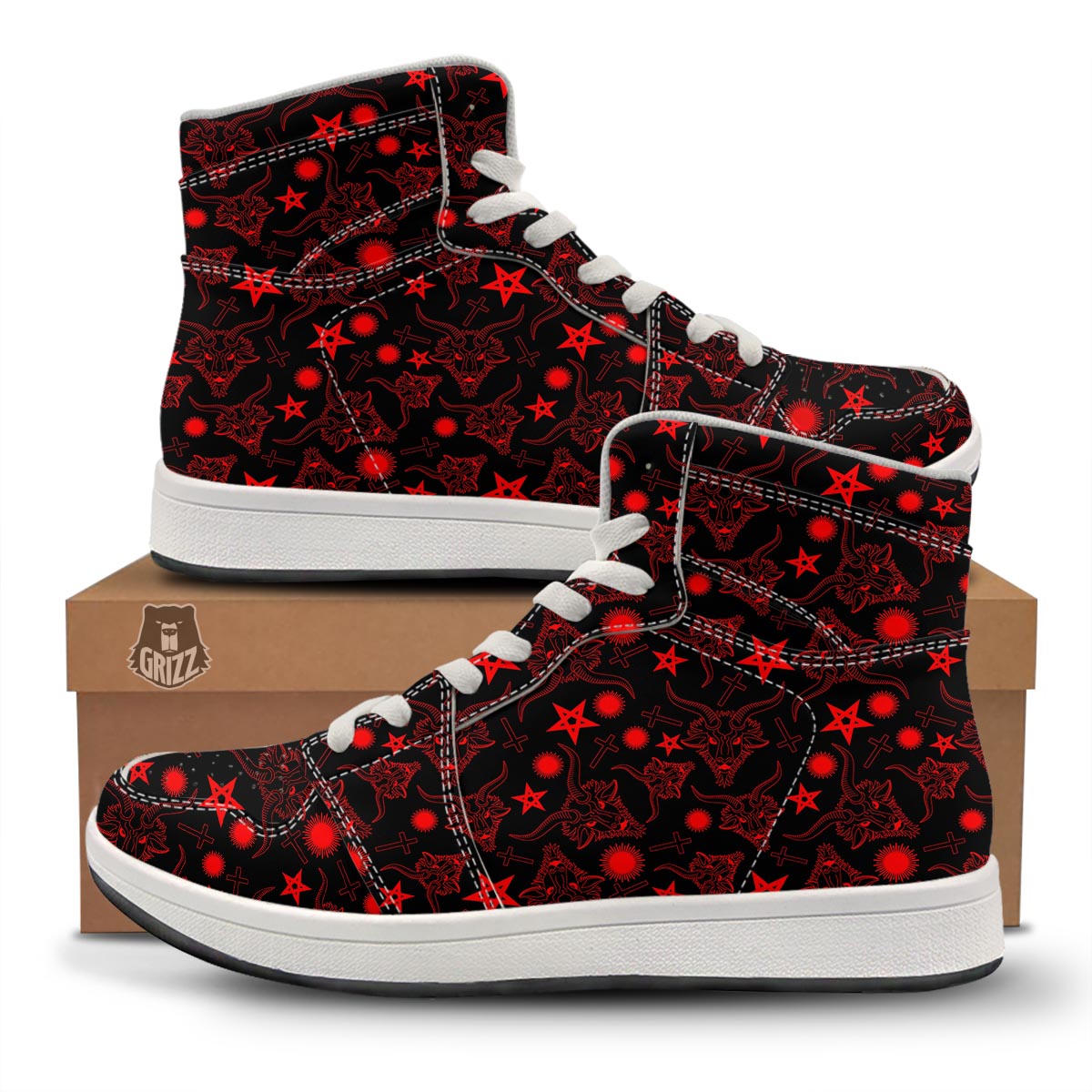 Skull Pentagram Satan Goat Print Pattern High Top Sneakers-grizzshop