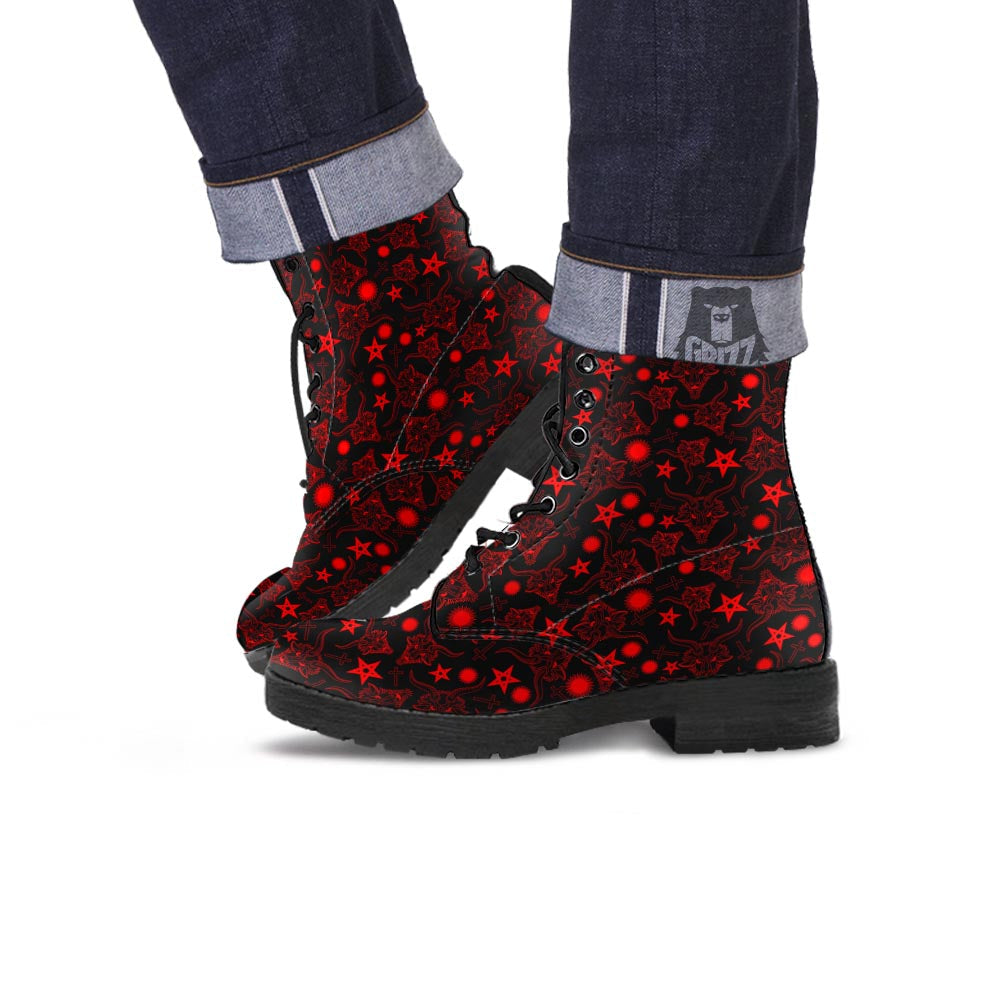 Skull Pentagram Satan Goat Print Pattern Leather Boots-grizzshop