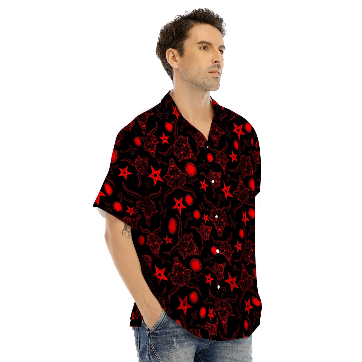 Skull Pentagram Satan Goat Print Pattern Men's Hawaiian Shirt-grizzshop
