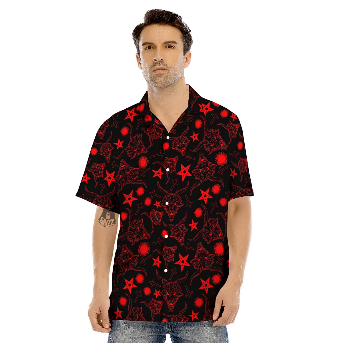 Skull Pentagram Satan Goat Print Pattern Men's Hawaiian Shirt-grizzshop