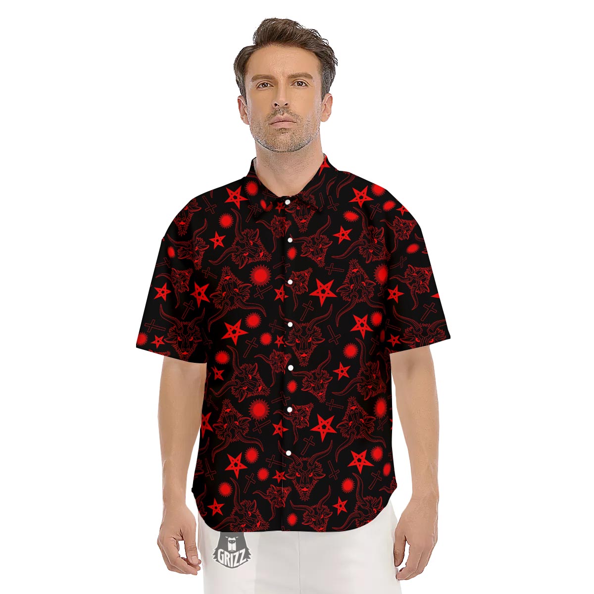Skull Pentagram Satan Goat Print Pattern Men's Short Sleeve Shirts-grizzshop
