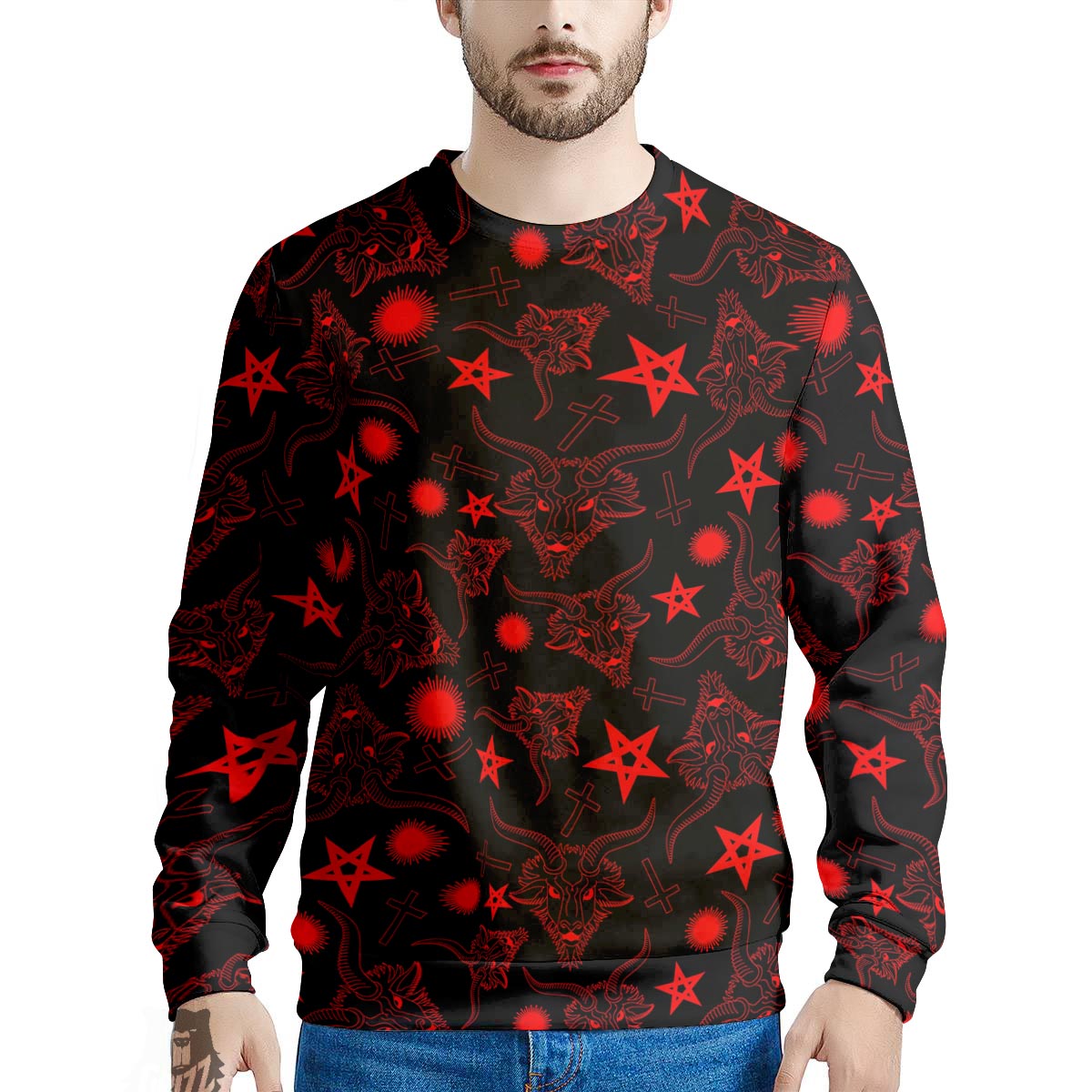 Skull Pentagram Satan Goat Print Pattern Men's Sweatshirt-grizzshop