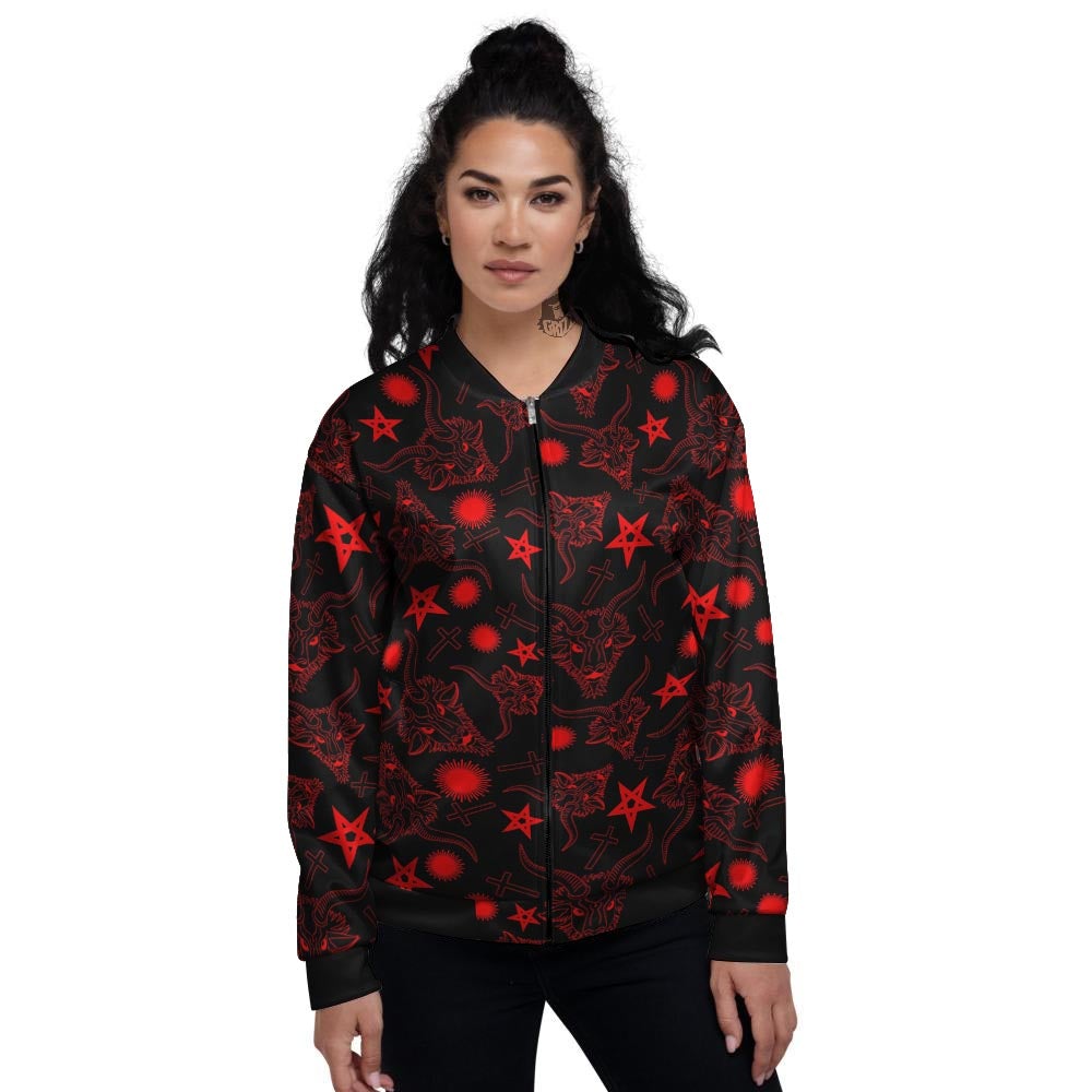 Skull Pentagram Satan Goat Print Pattern Women's Bomber Jacket-grizzshop