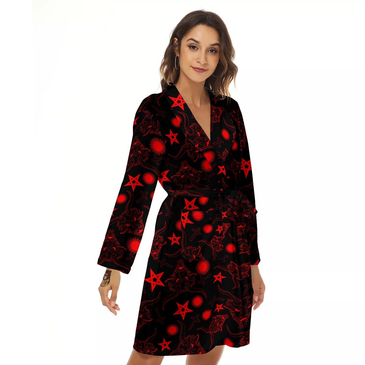 Skull Pentagram Satan Goat Print Pattern Women's Robe-grizzshop