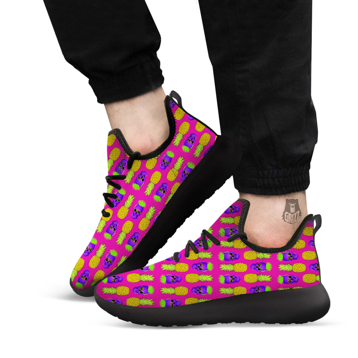 Skull Pineapple Print Pattern Black Athletic Shoes-grizzshop