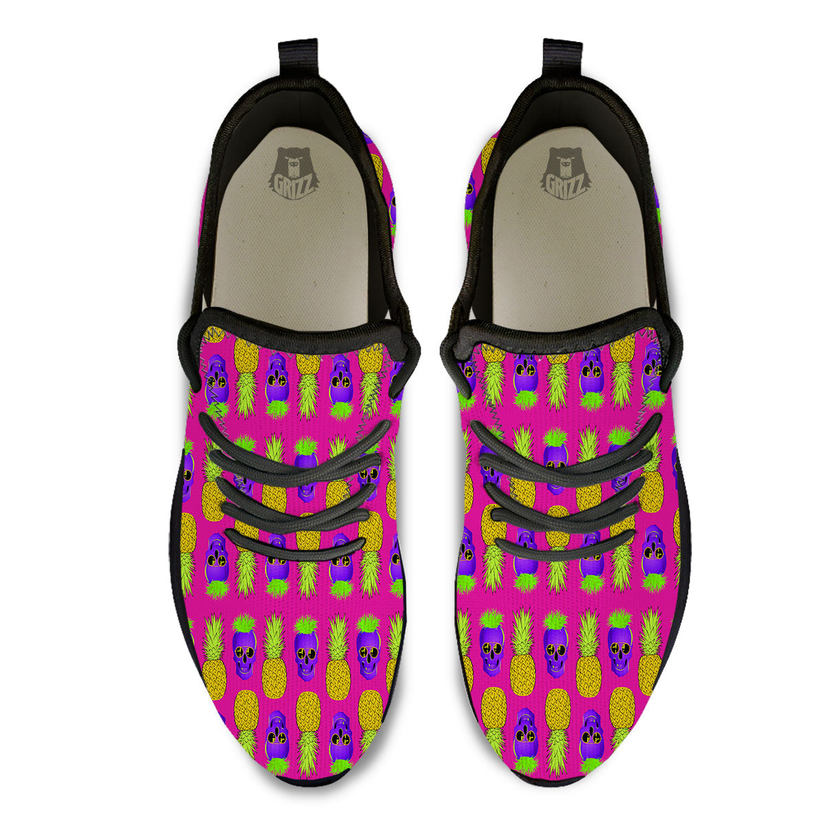 Skull Pineapple Print Pattern Black Athletic Shoes-grizzshop