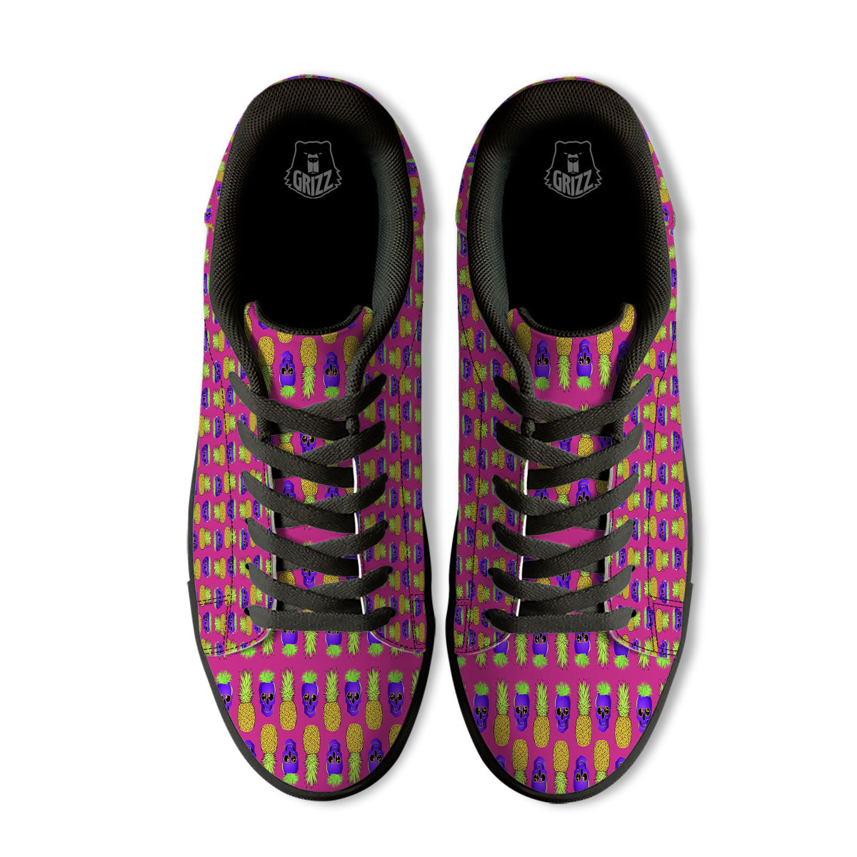Skull Pineapple Print Pattern Black Low Top Sneakers-grizzshop