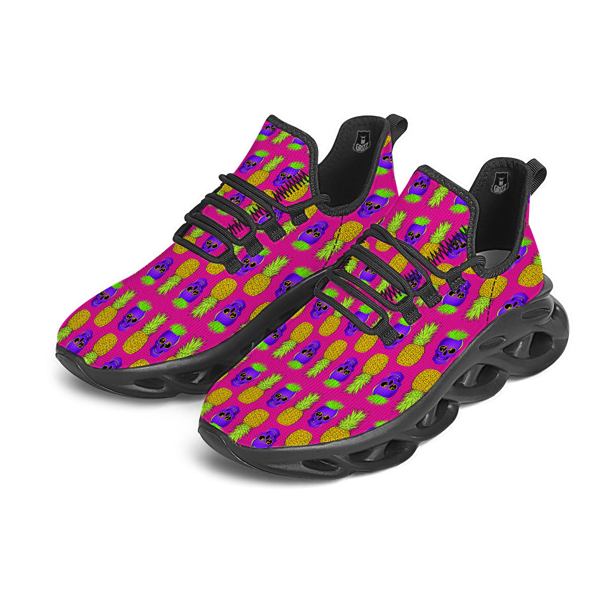 Skull Pineapple Print Pattern Black Running Shoes-grizzshop
