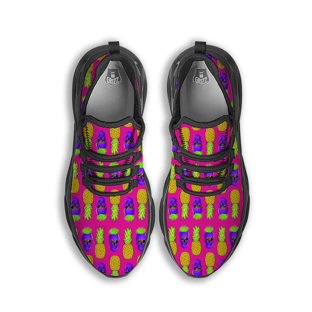 Skull Pineapple Print Pattern Black Running Shoes-grizzshop
