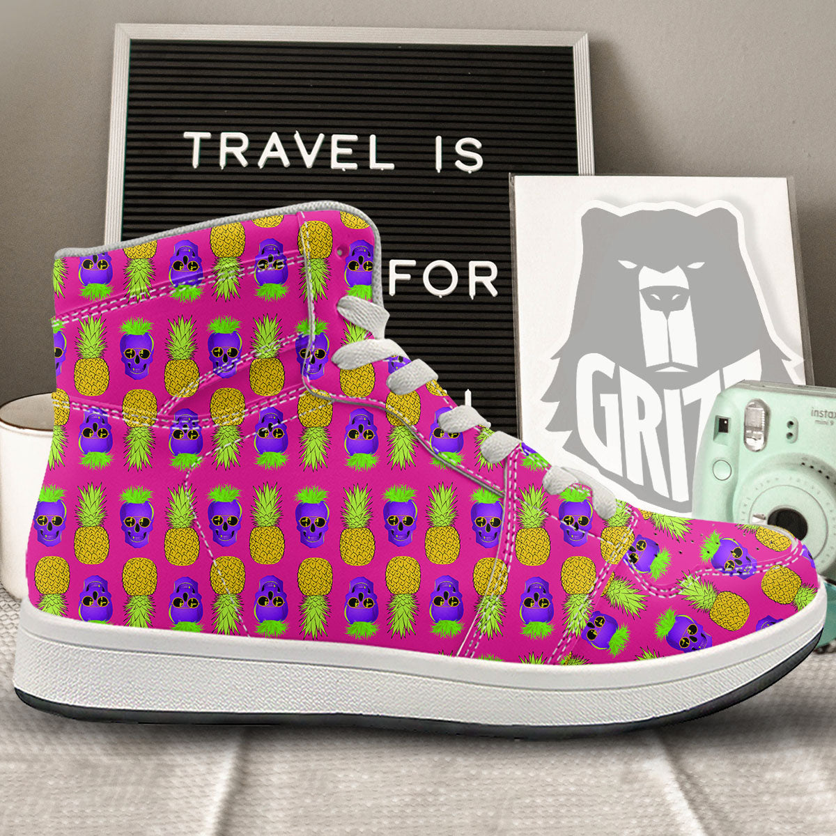 Skull Pineapple Print Pattern High Top Sneakers-grizzshop