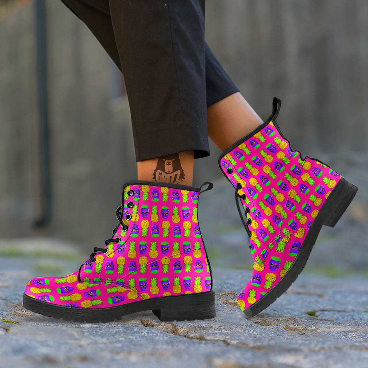 Skull Pineapple Print Pattern Leather Boots-grizzshop