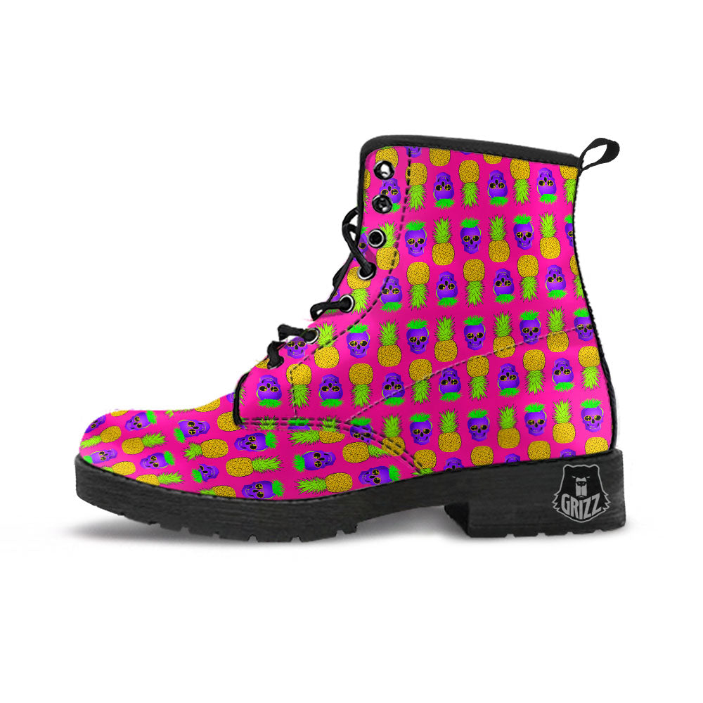 Skull Pineapple Print Pattern Leather Boots-grizzshop