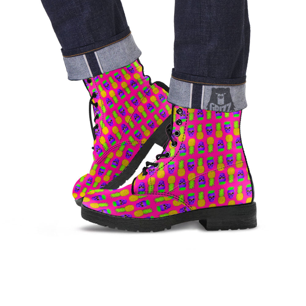 Skull Pineapple Print Pattern Leather Boots-grizzshop