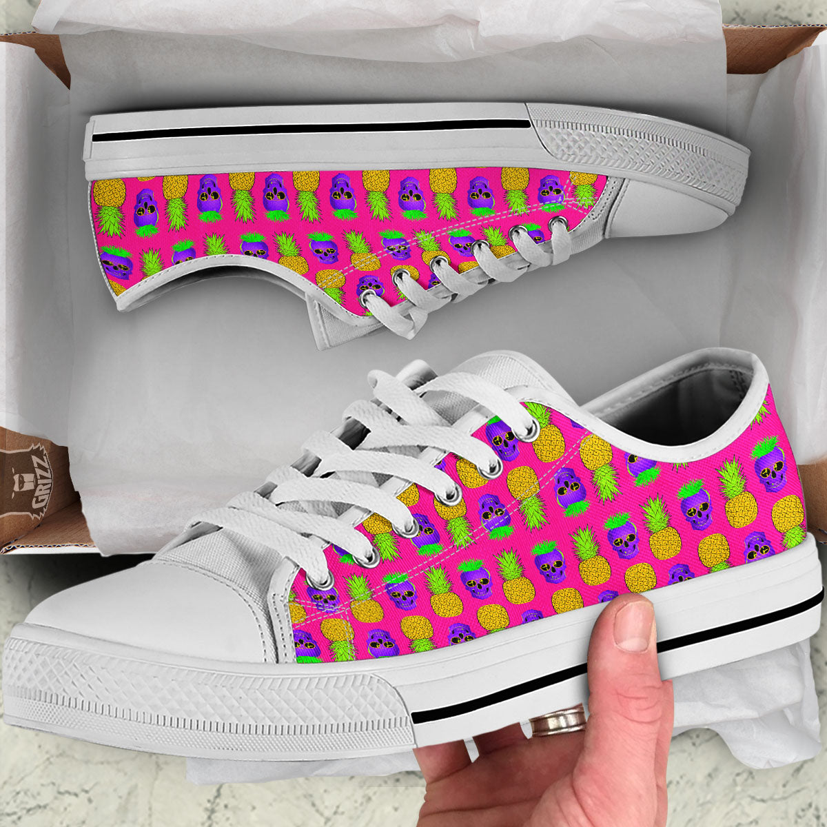 Skull Pineapple Print Pattern White Low Top Shoes-grizzshop