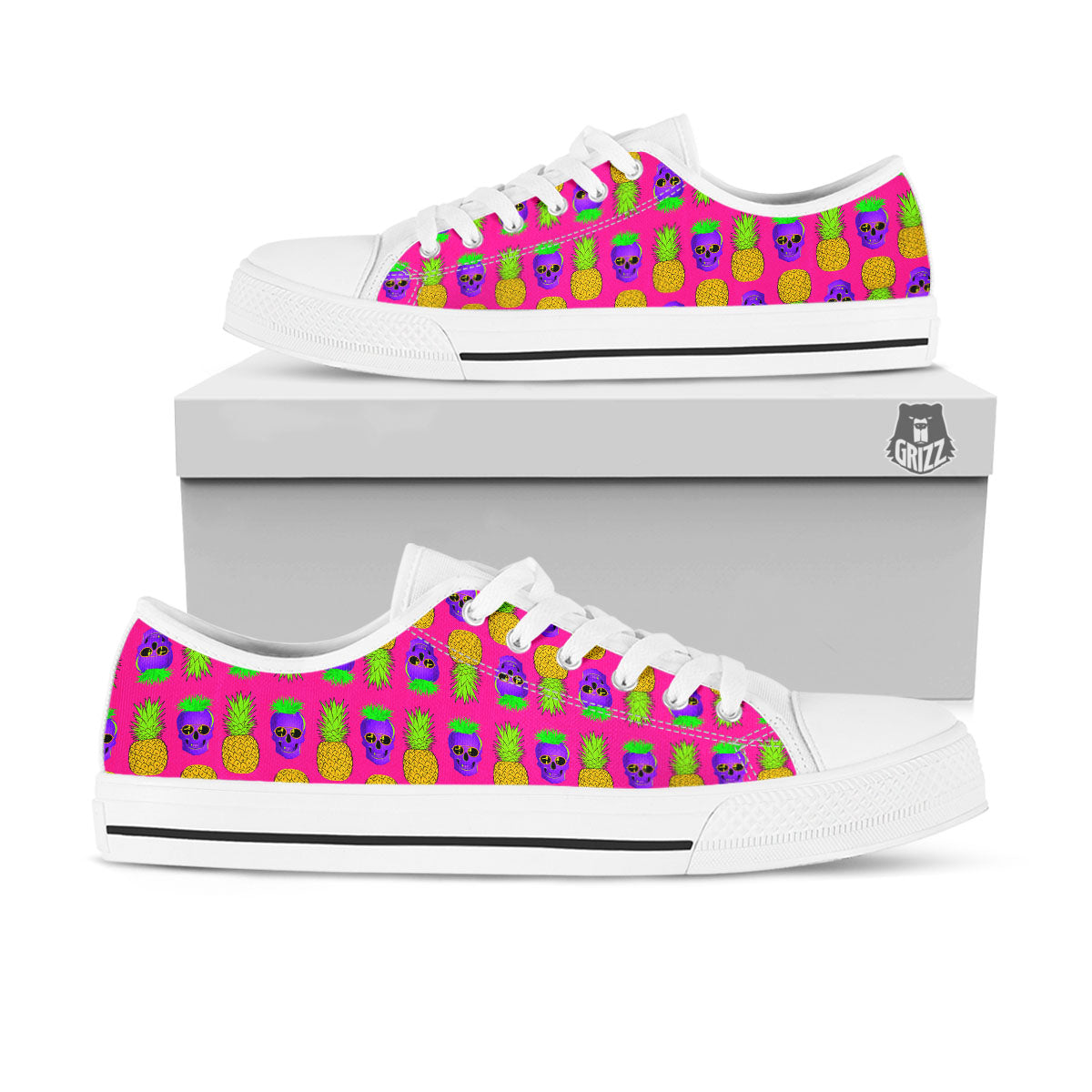 Skull Pineapple Print Pattern White Low Top Shoes-grizzshop
