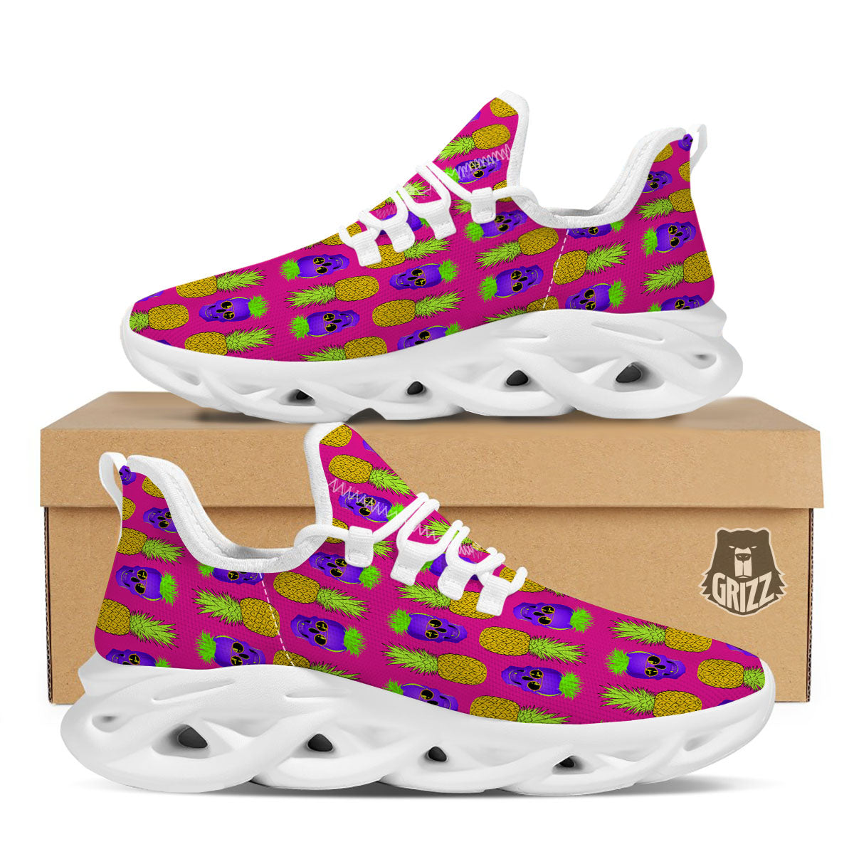 Skull Pineapple Print Pattern White Running Shoes-grizzshop