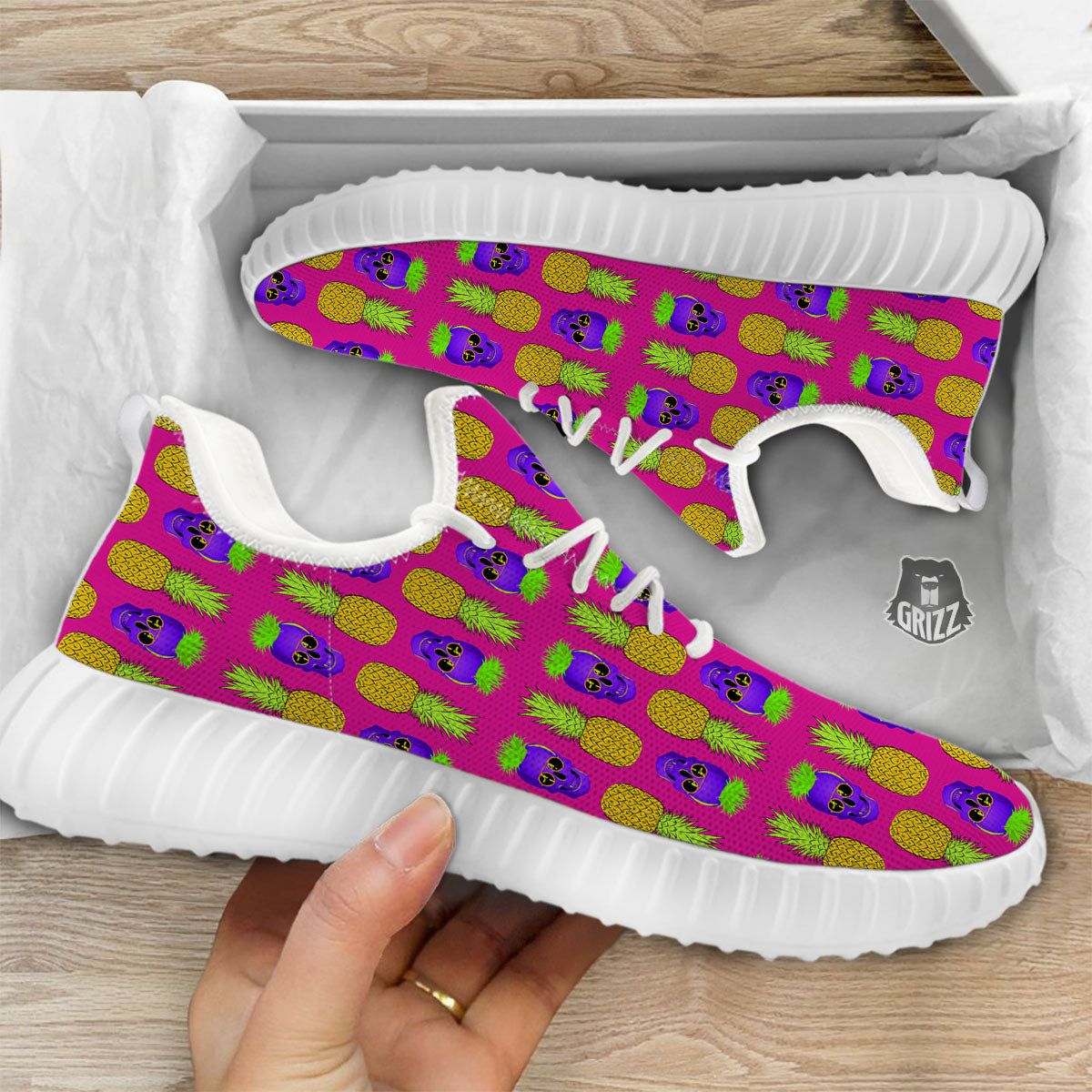 Skull Pineapple Print Pattern White Walking Shoes-grizzshop