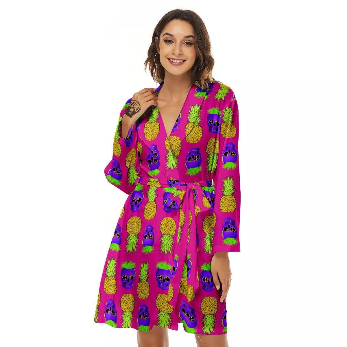 Skull Pineapple Print Pattern Women's Robe-grizzshop