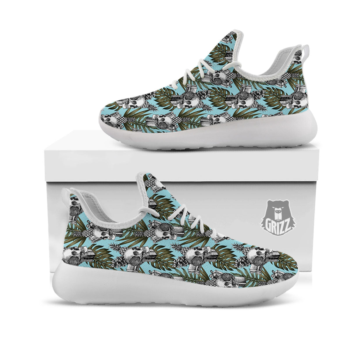 Skull Pineapple Tropical Print Pattern White Athletic Shoes-grizzshop