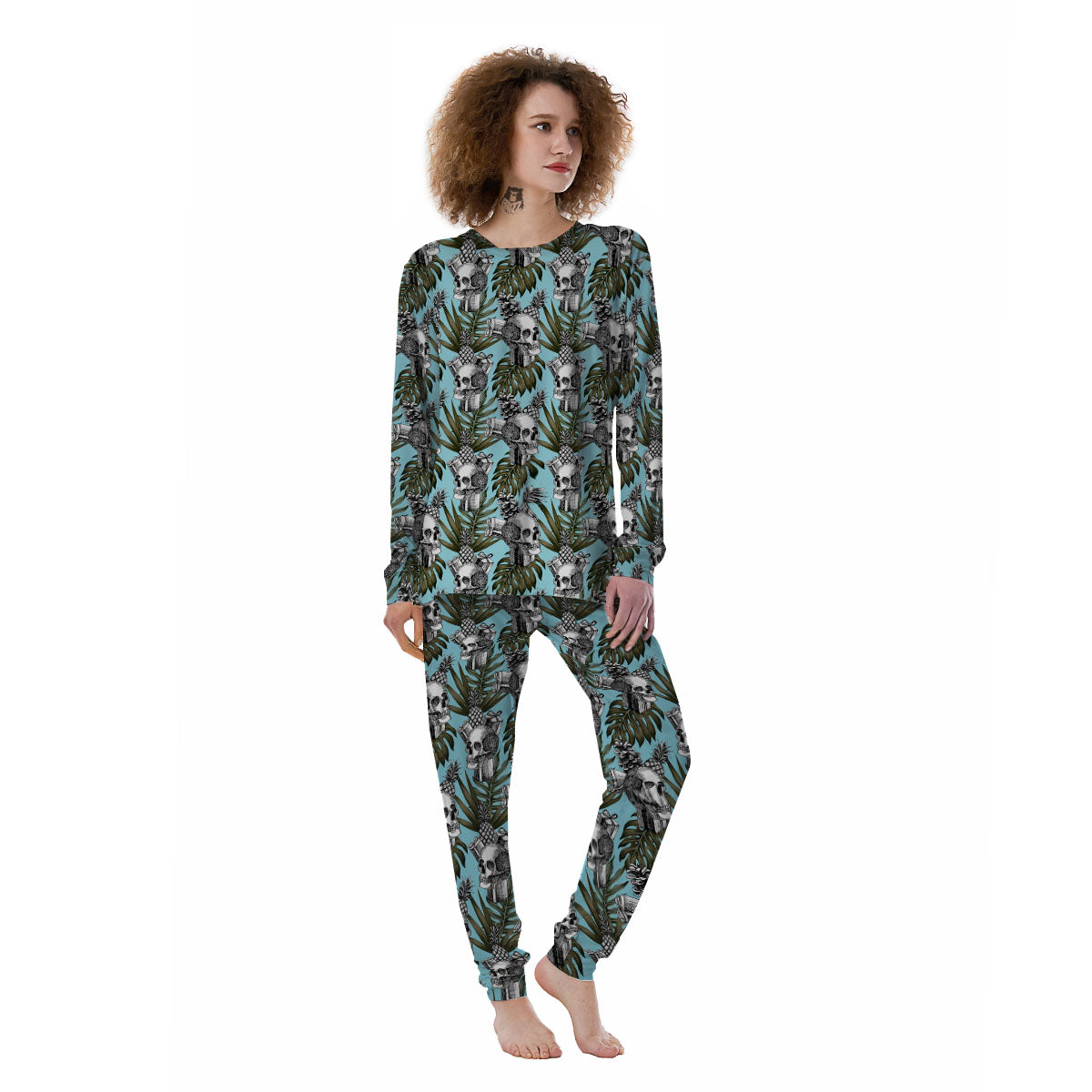 Skull Pineapple Tropical Print Pattern Women's Pajamas-grizzshop