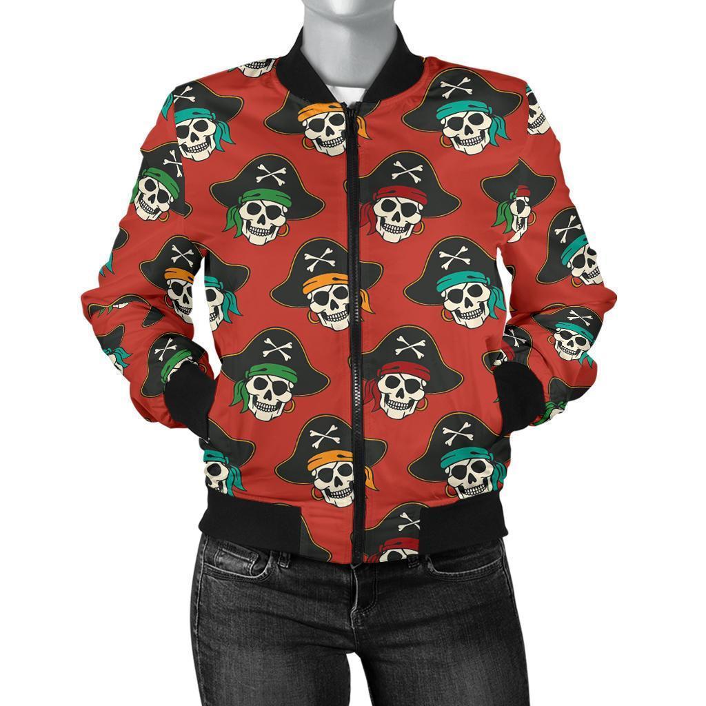 Skull Pirate Print Pattern Women Casual Bomber Jacket-grizzshop