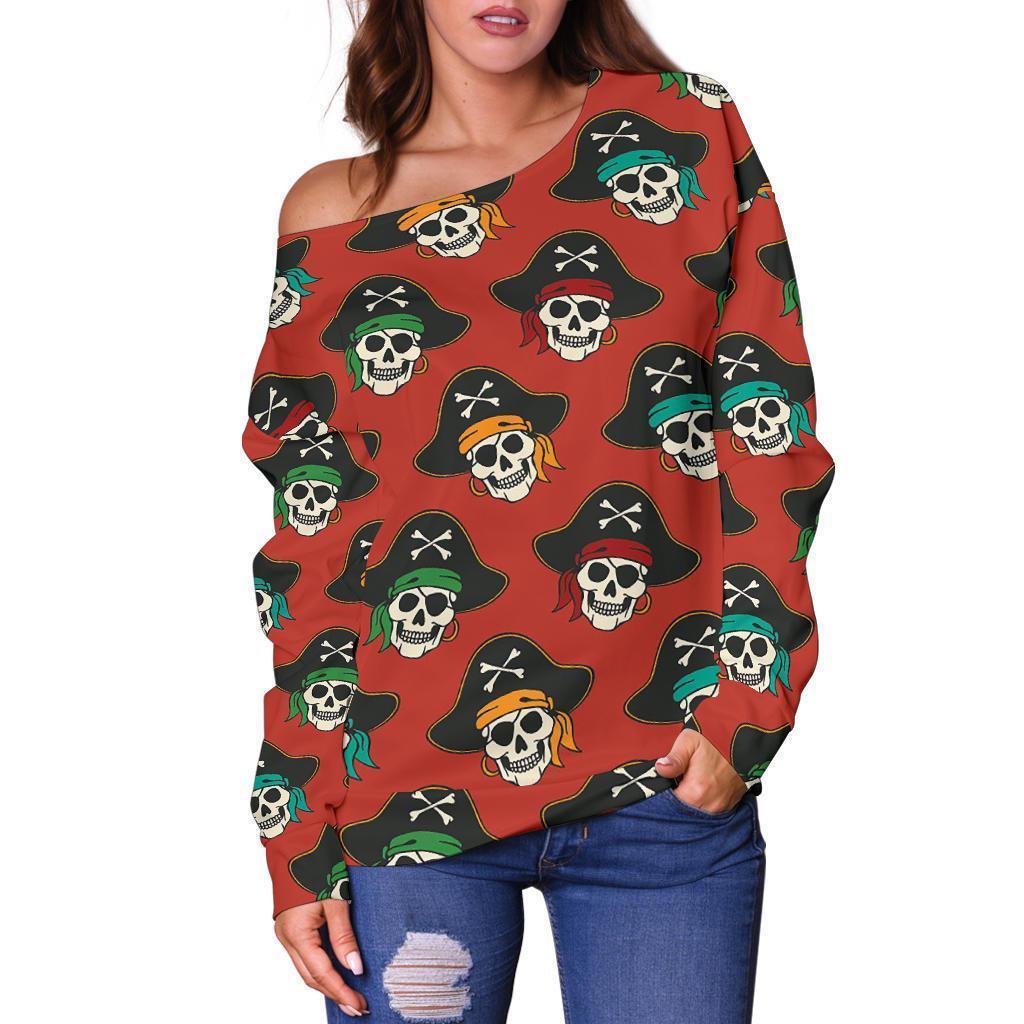 Skull Pirate Print Pattern Women Off Shoulder Sweatshirt-grizzshop